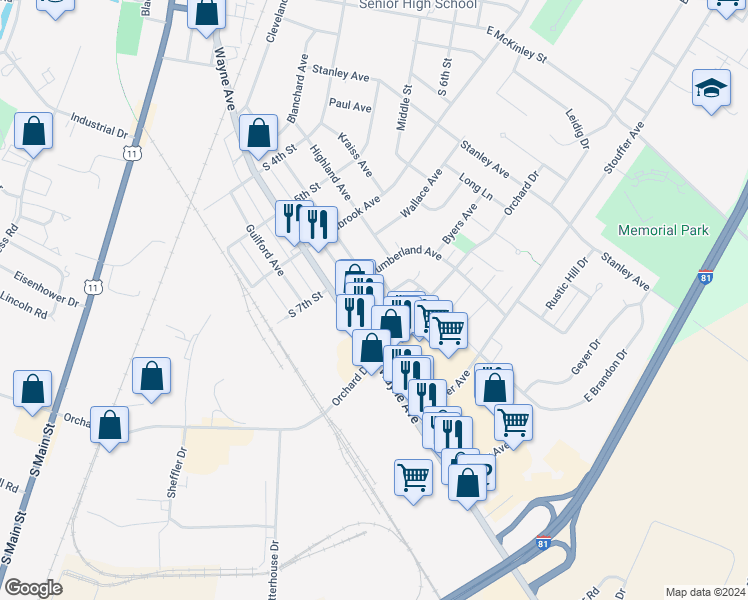 map of restaurants, bars, coffee shops, grocery stores, and more near 761 Meadowbrook Lane in Chambersburg