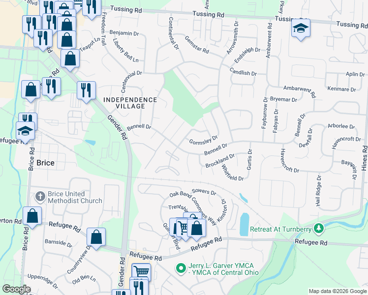 map of restaurants, bars, coffee shops, grocery stores, and more near 6748 Bennell Drive in Reynoldsburg