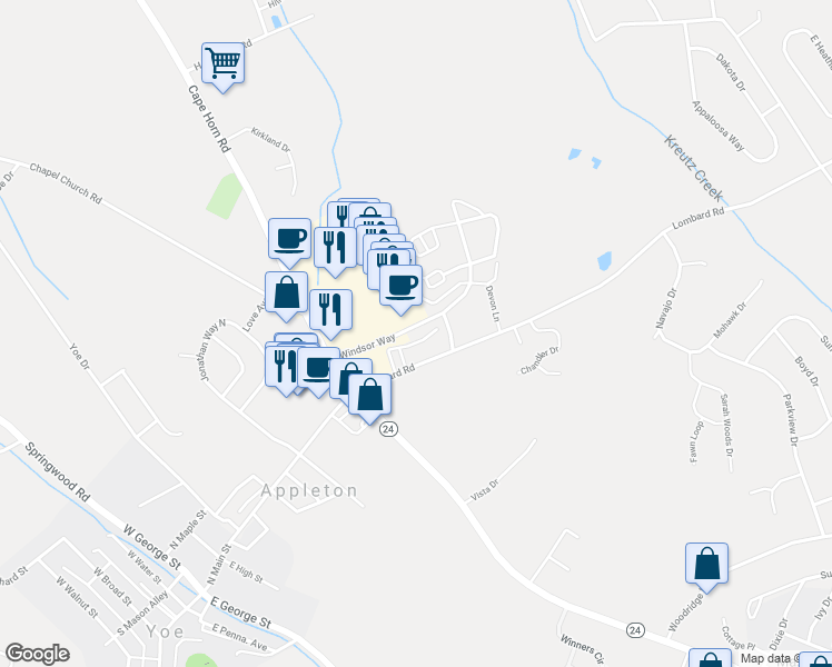 map of restaurants, bars, coffee shops, grocery stores, and more near 11 Windsor Way in Red Lion