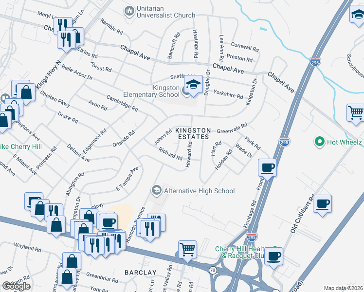 map of restaurants, bars, coffee shops, grocery stores, and more near 405 Bruce Terrace in Cherry Hill