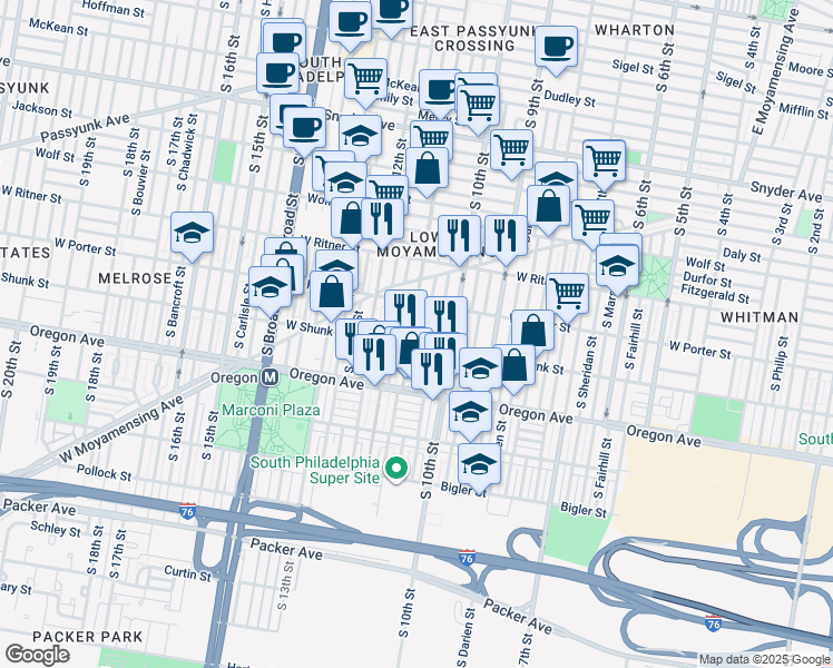 map of restaurants, bars, coffee shops, grocery stores, and more near 2539 South 11th Street in Philadelphia