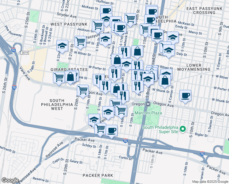 map of restaurants, bars, coffee shops, grocery stores, and more near 2641 South 17th Street in Philadelphia