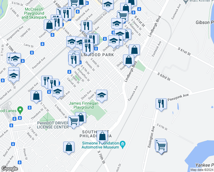 map of restaurants, bars, coffee shops, grocery stores, and more near 6629 Dorel Street in Philadelphia
