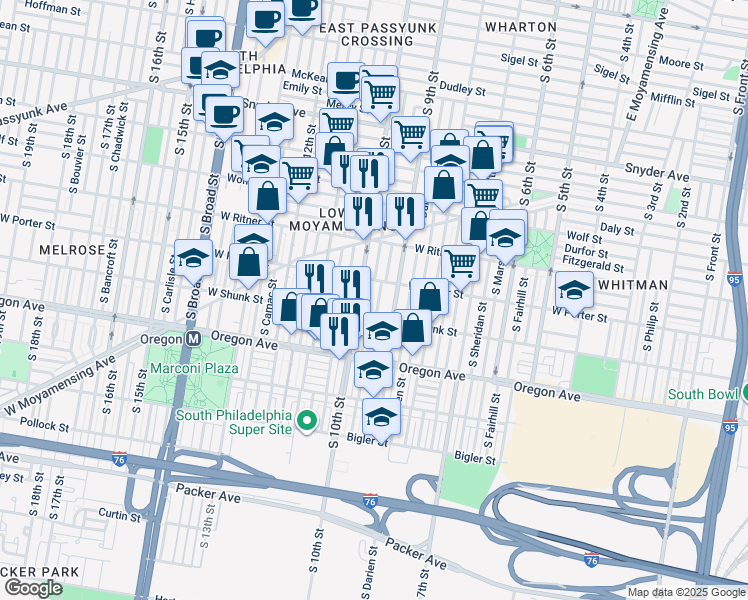 map of restaurants, bars, coffee shops, grocery stores, and more near 2526 South Percy Street in Philadelphia