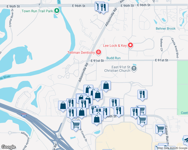 map of restaurants, bars, coffee shops, grocery stores, and more near 5731 Castle Hill Drive in Indianapolis