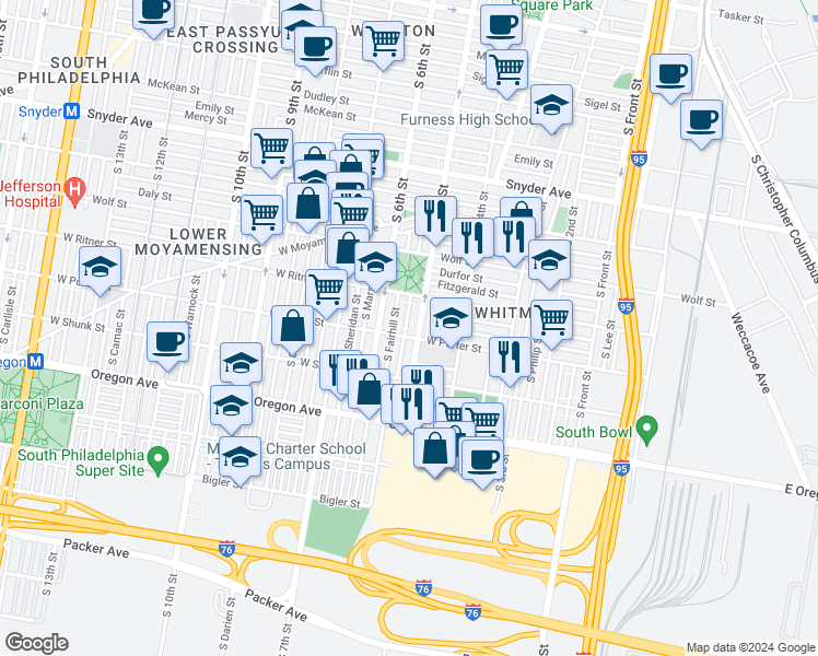 map of restaurants, bars, coffee shops, grocery stores, and more near 2447 South Reese Street in Philadelphia