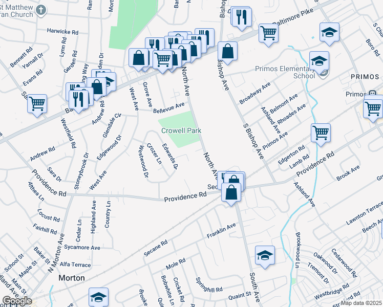 map of restaurants, bars, coffee shops, grocery stores, and more near 117 Beech Terrace in Springfield