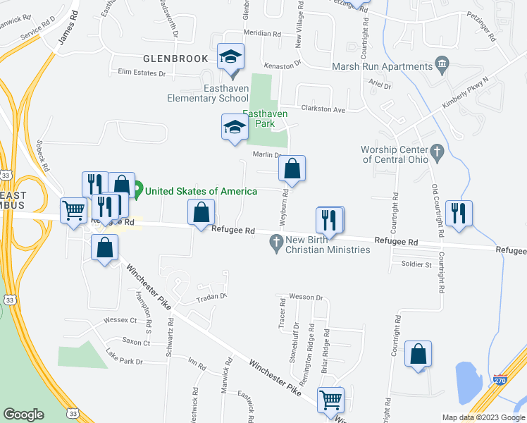 map of restaurants, bars, coffee shops, grocery stores, and more near 2677 Weyburn Road in Columbus