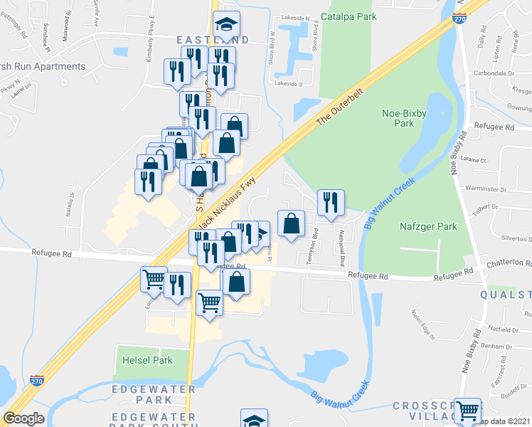 map of restaurants, bars, coffee shops, grocery stores, and more near 2826 Citizens Place in Columbus