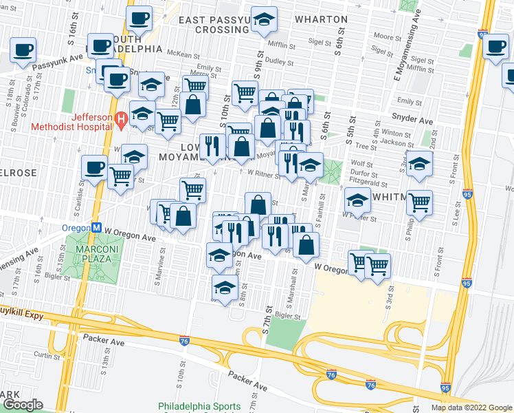 map of restaurants, bars, coffee shops, grocery stores, and more near 2510 South 8th Street in Philadelphia