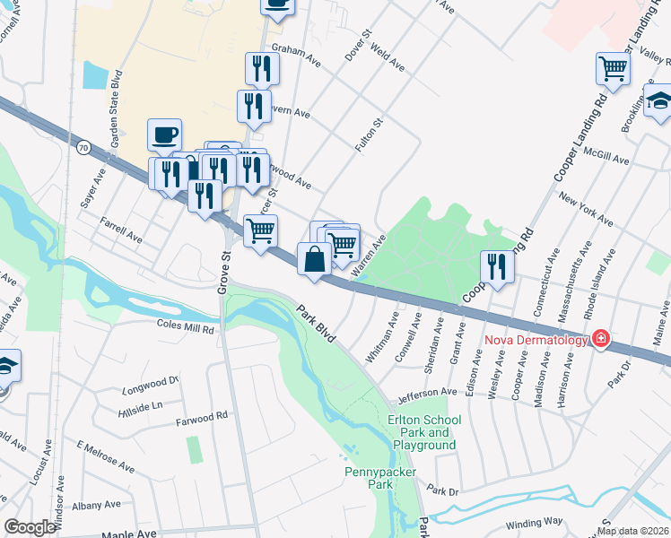 map of restaurants, bars, coffee shops, grocery stores, and more near 1214 Chambers Ave in Cherry Hill