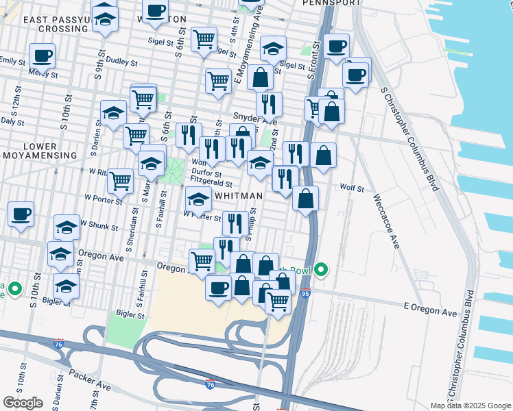 map of restaurants, bars, coffee shops, grocery stores, and more near 2413 South Philip Street in Philadelphia