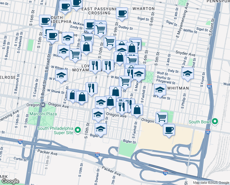 map of restaurants, bars, coffee shops, grocery stores, and more near 2510 South 8th Street in Philadelphia