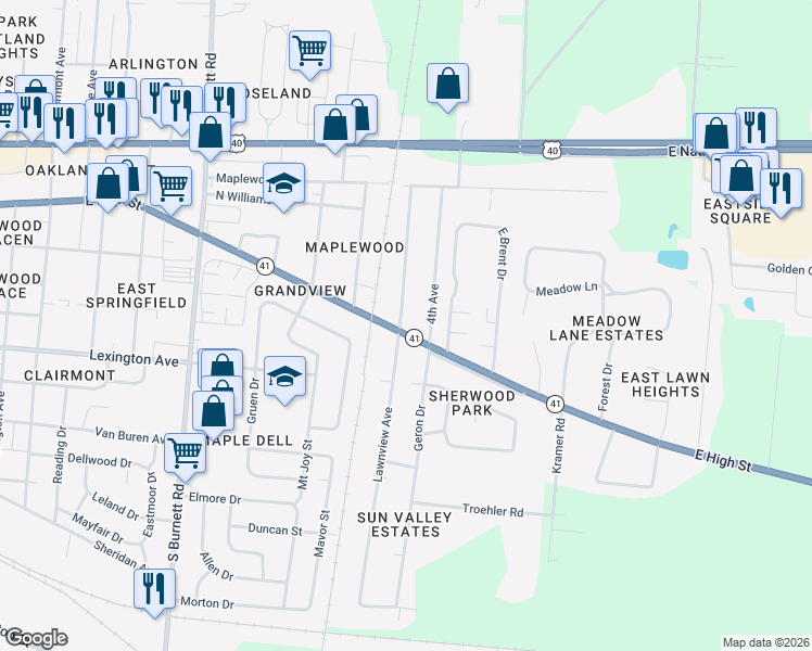 map of restaurants, bars, coffee shops, grocery stores, and more near 3000 East High Street in Springfield