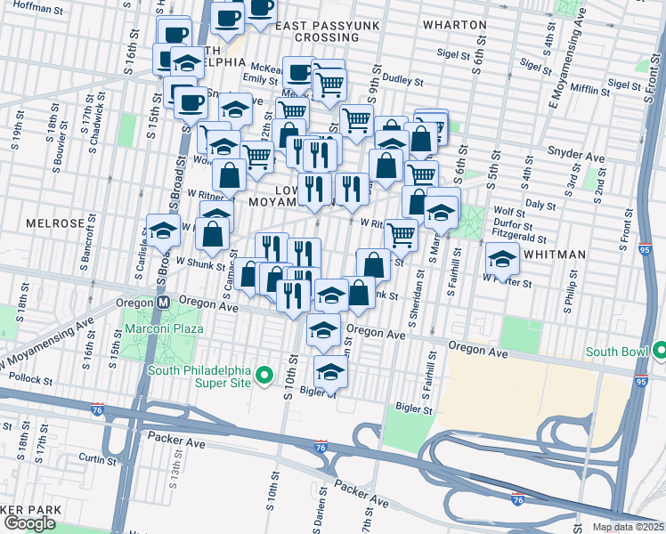 map of restaurants, bars, coffee shops, grocery stores, and more near 2523 South Percy Street in Philadelphia