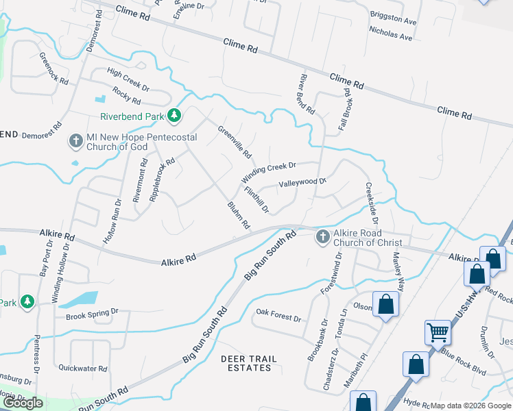 map of restaurants, bars, coffee shops, grocery stores, and more near 1783 Flinthill Drive in Columbus