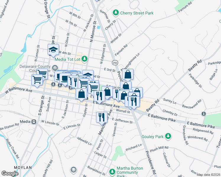 map of restaurants, bars, coffee shops, grocery stores, and more near 239 East Front Street in Media