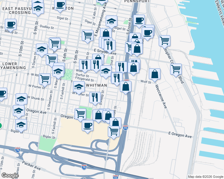 map of restaurants, bars, coffee shops, grocery stores, and more near 126 West Ritner Street in Philadelphia