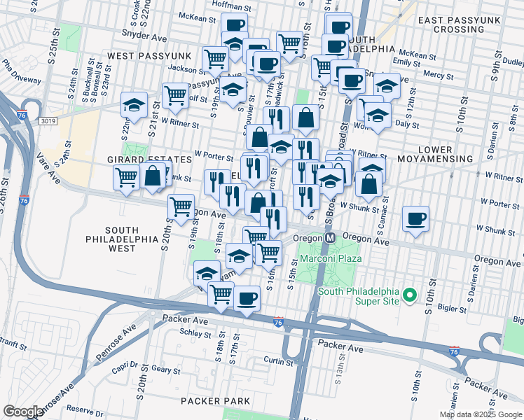 map of restaurants, bars, coffee shops, grocery stores, and more near 2639 South Chadwick Street in Philadelphia