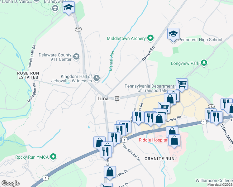 map of restaurants, bars, coffee shops, grocery stores, and more near 247 Middletown Road in Media