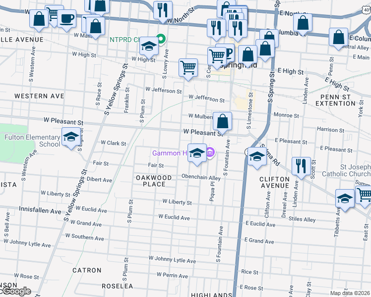 map of restaurants, bars, coffee shops, grocery stores, and more near 130 West Clark Street in Springfield