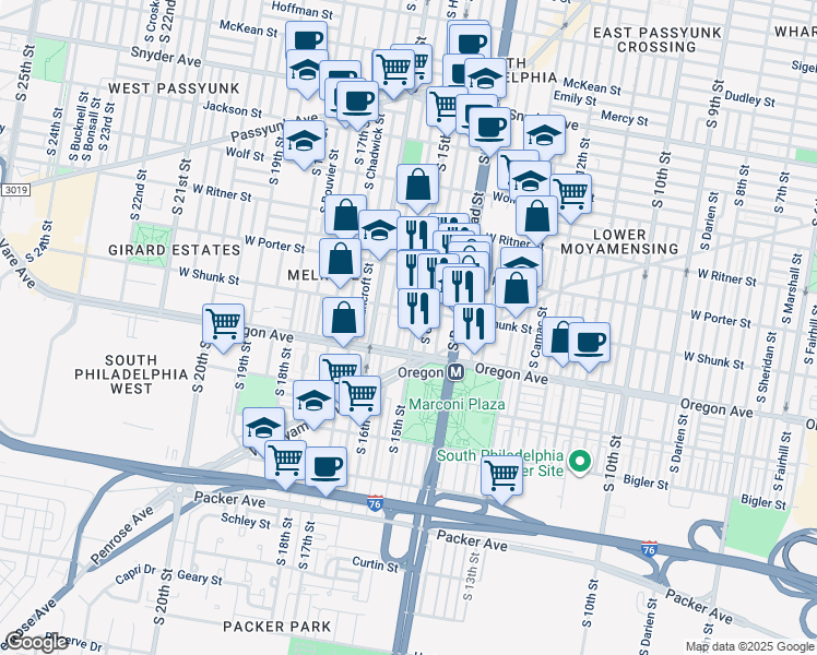 map of restaurants, bars, coffee shops, grocery stores, and more near 2620 South 15th Street in Philadelphia