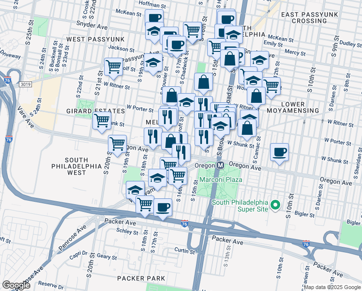 map of restaurants, bars, coffee shops, grocery stores, and more near 2630 South 16th Street in Philadelphia
