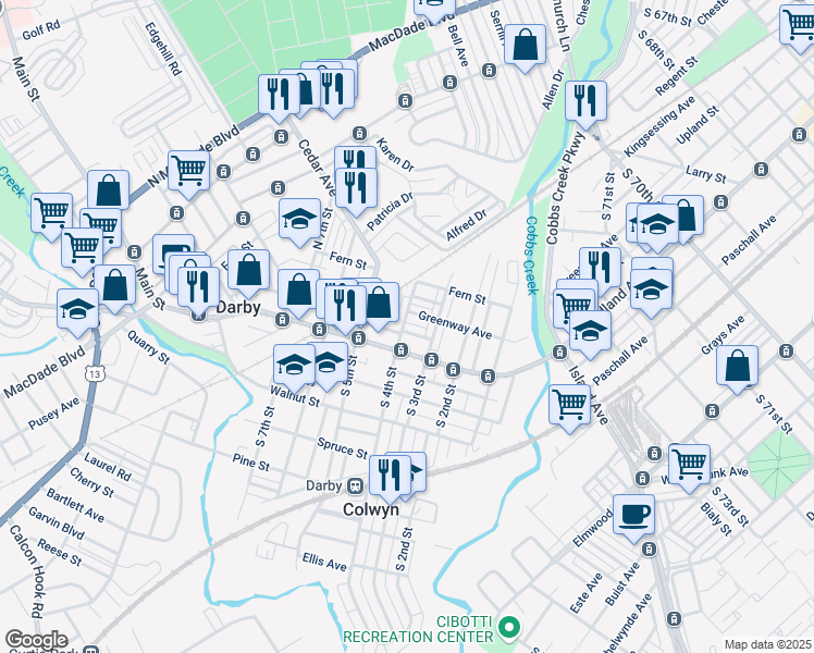 map of restaurants, bars, coffee shops, grocery stores, and more near 312 Greenway Avenue in Darby