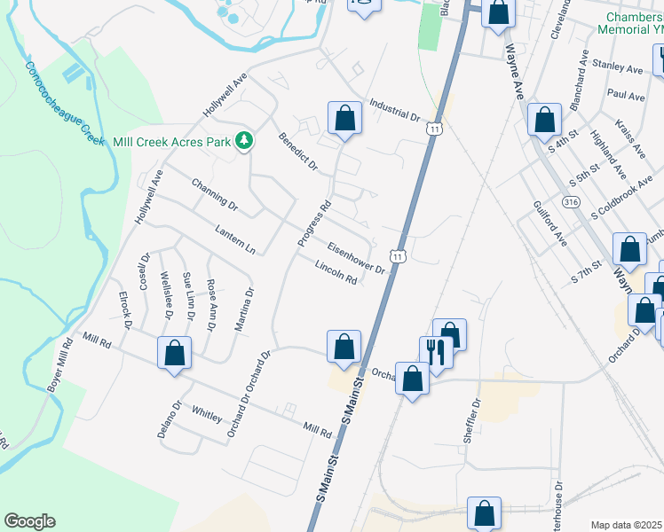map of restaurants, bars, coffee shops, grocery stores, and more near 141 Lincoln Road in Chambersburg