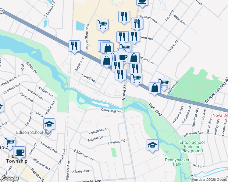 map of restaurants, bars, coffee shops, grocery stores, and more near 418 Park Place Drive in Cherry Hill