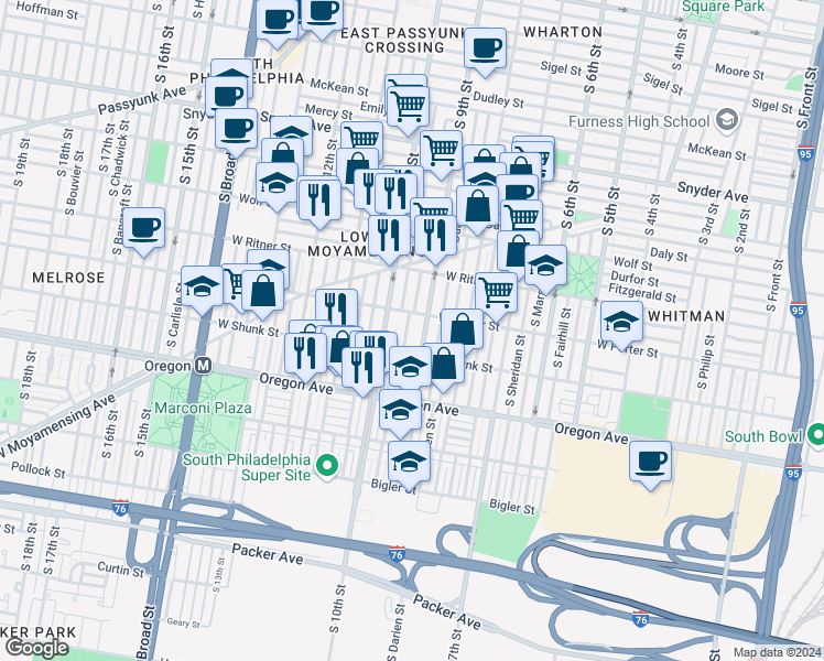 map of restaurants, bars, coffee shops, grocery stores, and more near 2521 South Percy Street in Philadelphia