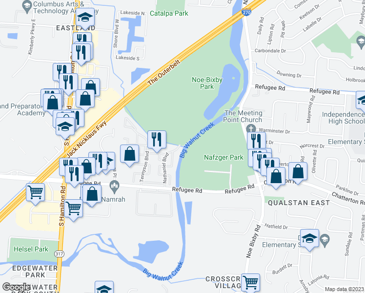 map of restaurants, bars, coffee shops, grocery stores, and more near 2000 Nathaniel Boulevard in Columbus