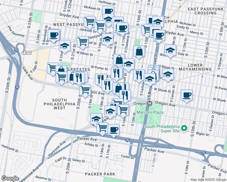 map of restaurants, bars, coffee shops, grocery stores, and more near 2640 South 17th Street in Philadelphia