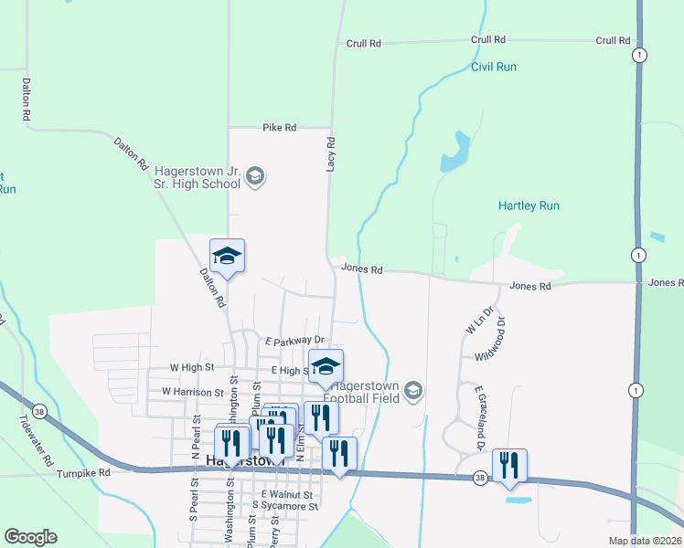 map of restaurants, bars, coffee shops, grocery stores, and more near 335 Jones Road in Hagerstown