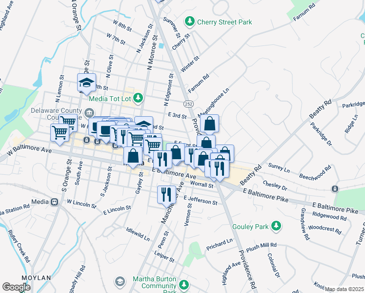 map of restaurants, bars, coffee shops, grocery stores, and more near 239 East Front Street in Media