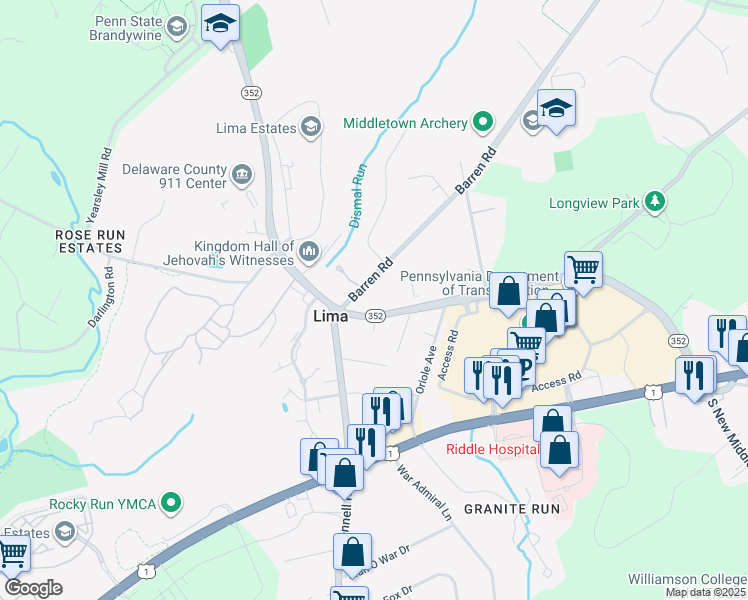 map of restaurants, bars, coffee shops, grocery stores, and more near 247 Middletown Road in Media