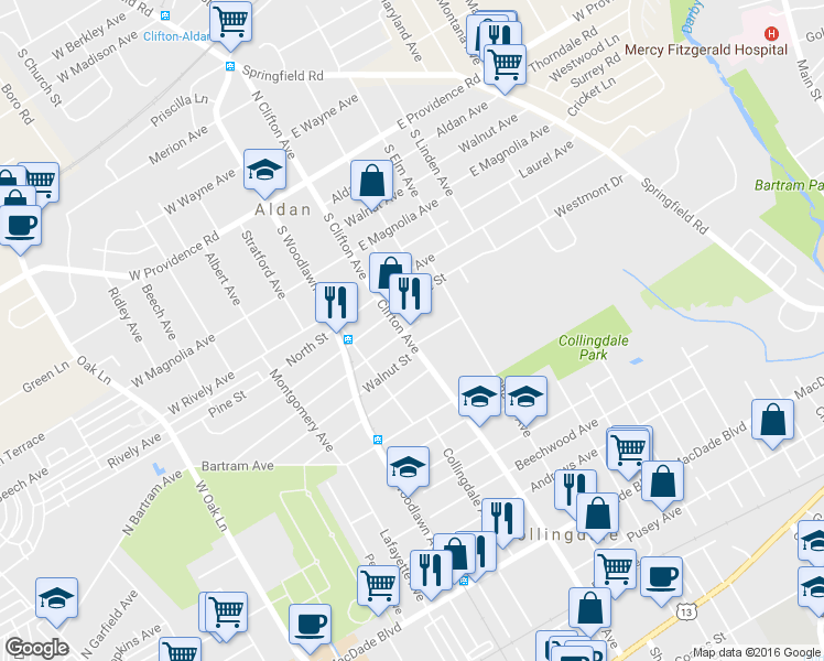 map of restaurants, bars, coffee shops, grocery stores, and more near 907 Clifton Avenue in Darby