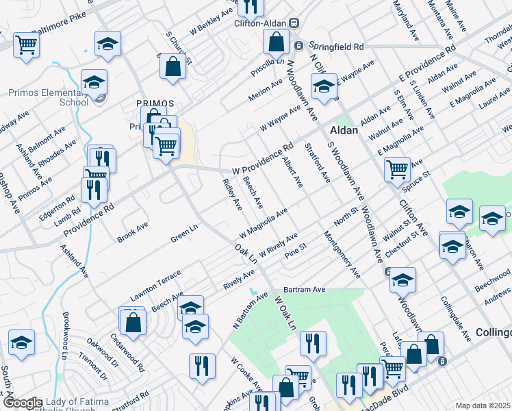 map of restaurants, bars, coffee shops, grocery stores, and more near 46 Beech Avenue in Aldan