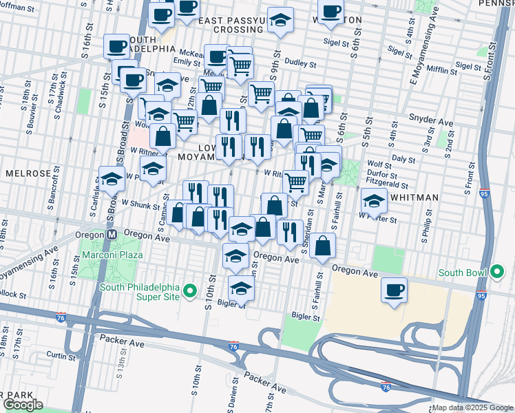 map of restaurants, bars, coffee shops, grocery stores, and more near 2514 South Darien Street in Philadelphia