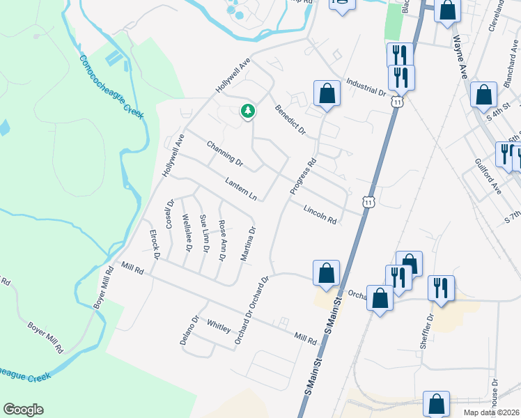 map of restaurants, bars, coffee shops, grocery stores, and more near 316 Lantern Lane in Chambersburg