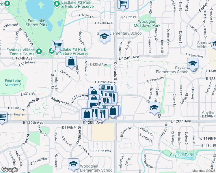 map of restaurants, bars, coffee shops, grocery stores, and more near 3899 East 121st Avenue in Thornton
