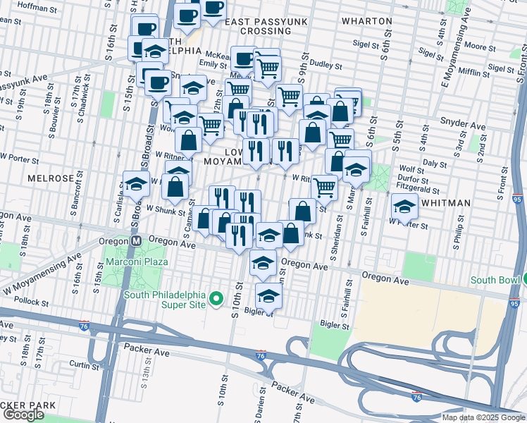 map of restaurants, bars, coffee shops, grocery stores, and more near 2522 South Percy Street in Philadelphia