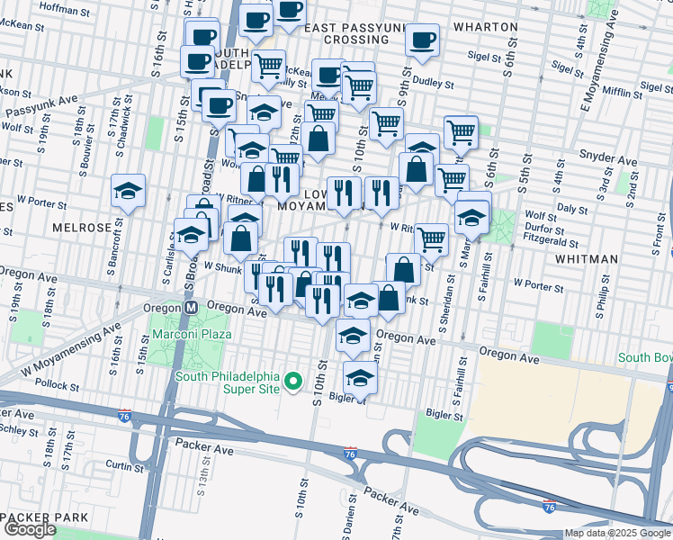 map of restaurants, bars, coffee shops, grocery stores, and more near 2526 South 10th Street in Philadelphia