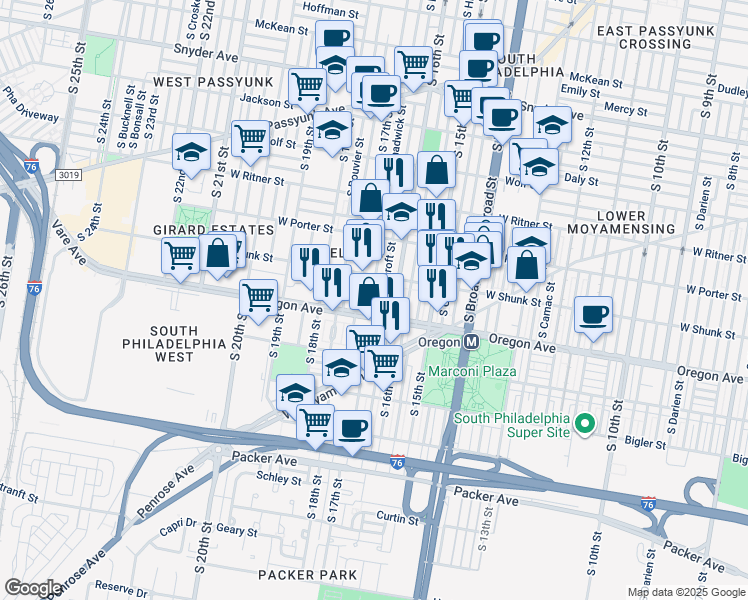 map of restaurants, bars, coffee shops, grocery stores, and more near 2637 South Chadwick Street in Philadelphia