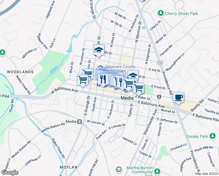 map of restaurants, bars, coffee shops, grocery stores, and more near 22 West State Street in Media