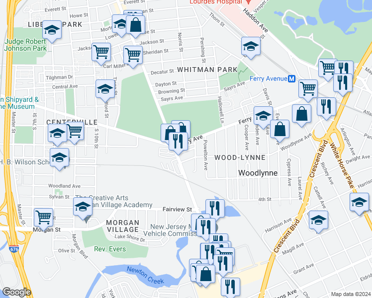 map of restaurants, bars, coffee shops, grocery stores, and more near 1627 Crosslynne Avenue in Oaklyn