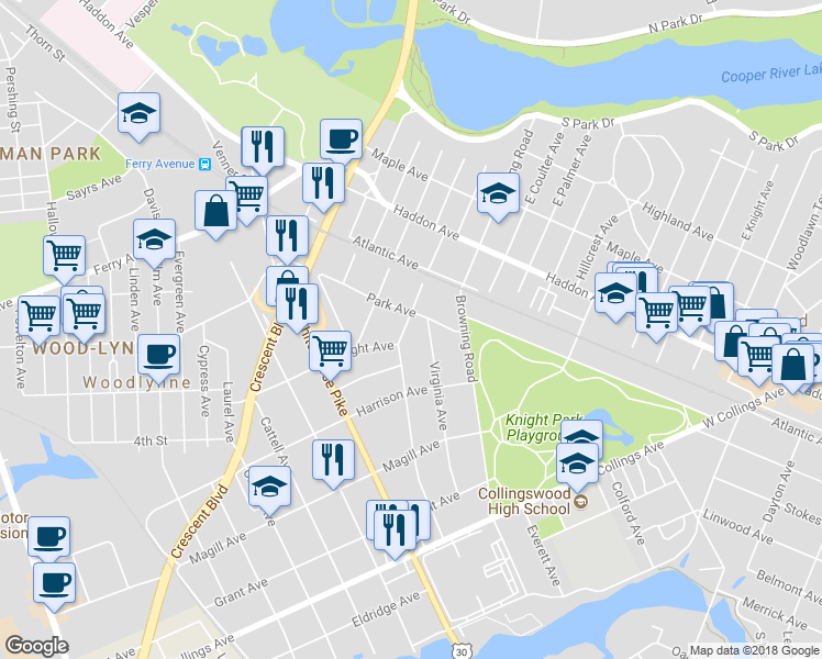 map of restaurants, bars, coffee shops, grocery stores, and more near 215 West Franklin Avenue in Collingswood