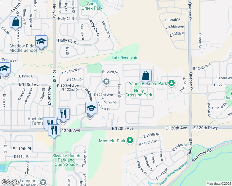 map of restaurants, bars, coffee shops, grocery stores, and more near 12215 Locust Street in Brighton