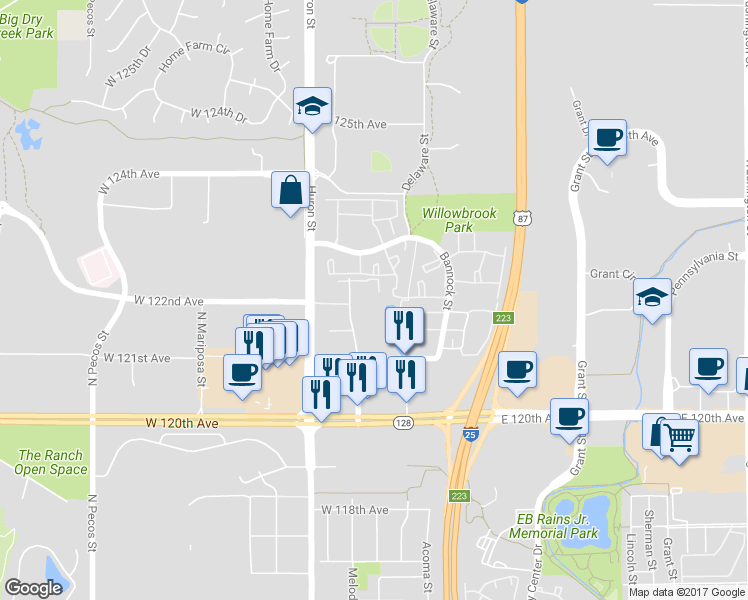 map of restaurants, bars, coffee shops, grocery stores, and more near 12180 Melody Drive in Westminster