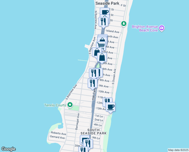 map of restaurants, bars, coffee shops, grocery stores, and more near 704 Southeast Central Avenue in Seaside Park